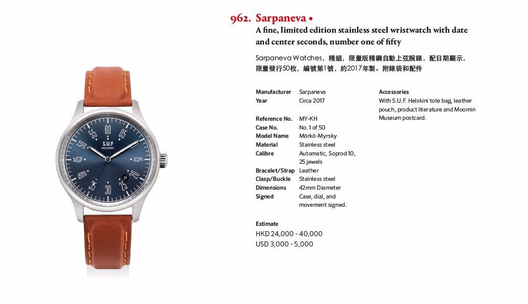 ”Mörsky nro 1” huutokaupataan 29.5. Phillips Watches huutokaupassa Hong Kongissa